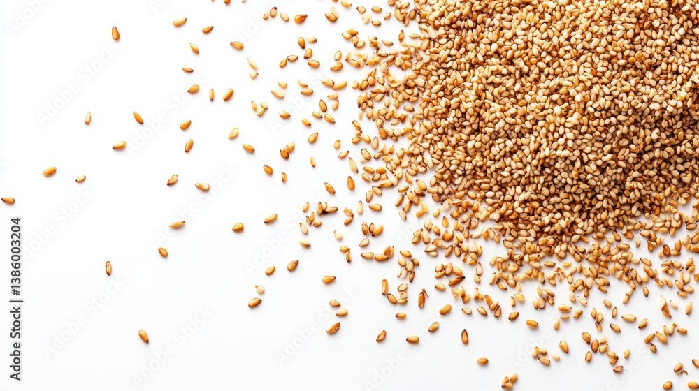 A close-up of raw sesame seeds scattered across a clean white background A close-up of raw sesame seeds scattered across a clean white background
