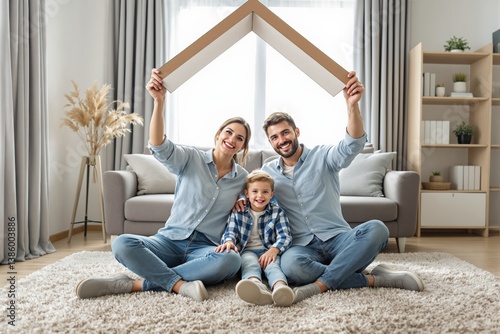 Smiling family of three on carpet in cozy living room holding cardboard roof symbol, natural light background, concept of home security. Ai generative