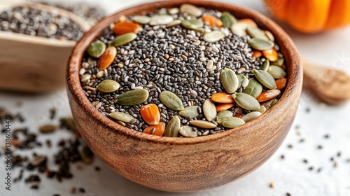 A fresh bowl of mixed seeds like chia, sunflower, and pumpkin, placed on a white background with a wooden spoon