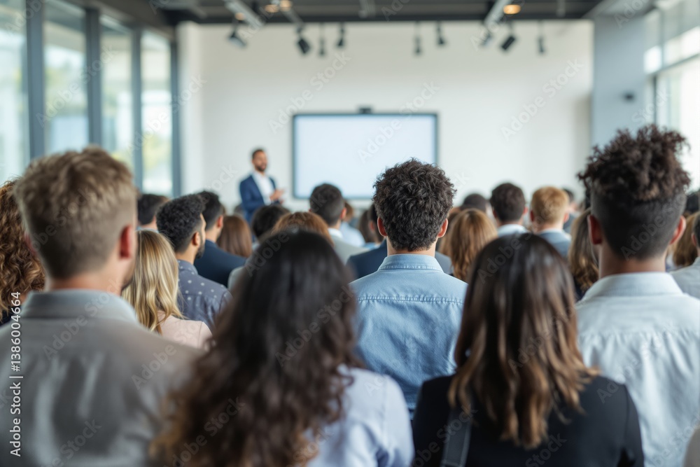 Group of people attending a seminar, photo style, in a modern bright conference room with large windows and a speaker in front, concept of business learning. Ai generative Group of people attending a seminar, photo style, in a modern bright conference room with large windows and a speaker in front, concept of business learning. Ai generative