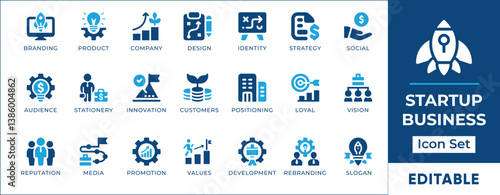 Flat-style icon set representing startup business concepts including innovation, business ideas, growth, entrepreneurship, funding, planning, market strategy, and teamwork.