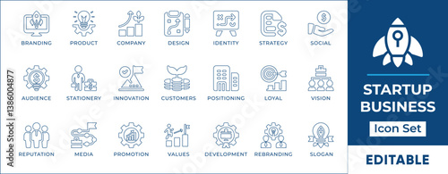 Flat-style line icon set representing startup business concepts including innovation, business ideas, growth, entrepreneurship, funding, planning, market strategy, and teamwork.