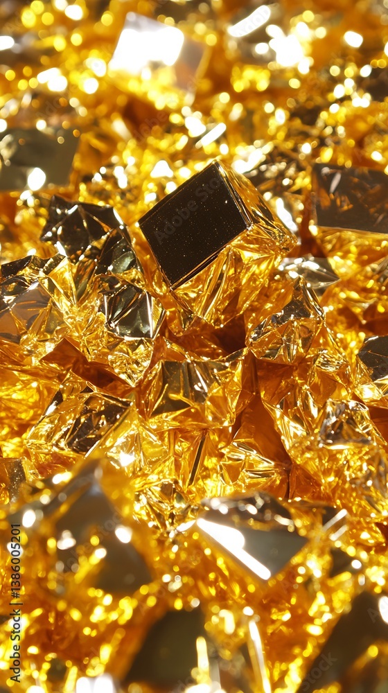 Gleaming collection of gold foil-wrapped cubes creating a rich abstract pattern Gleaming collection of gold foil-wrapped cubes creating a rich abstract pattern