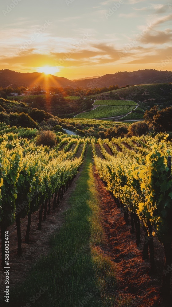 Fototapeta premium Serene Vineyard Vista at Sunset Rows of Grapevines Leading to Distant Hills Under a Golden Sky Capturing the Beauty of Nature and Agriculture