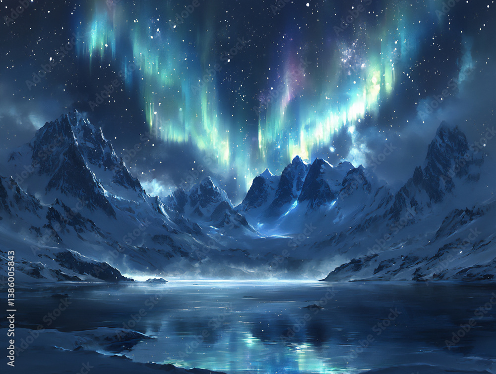 Fototapeta premium aurora borealis over snowy mountains,
