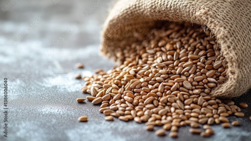 Obraz premium A close-up of sunflower seeds spilling out of a burlap sack onto a white surface