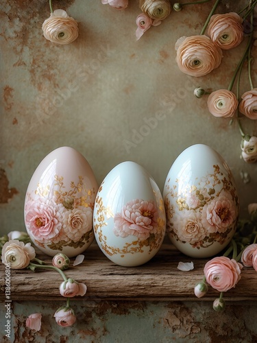 Decorative Easter eggs adorned with flowers on a rustic background  