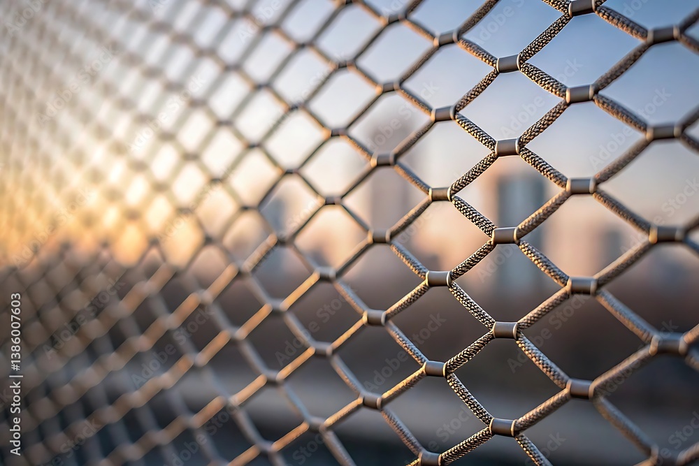 Fototapeta premium Geometric Metal Fence with Nature Background at Sunset