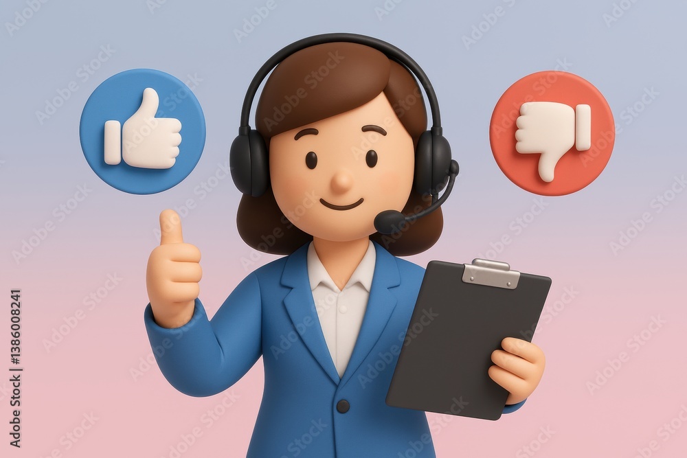 Customer Service Assessment: A customer service representative with a headset and clipboard interacts with Customer Service Assessment: A customer service representative with a headset and clipboard interacts with