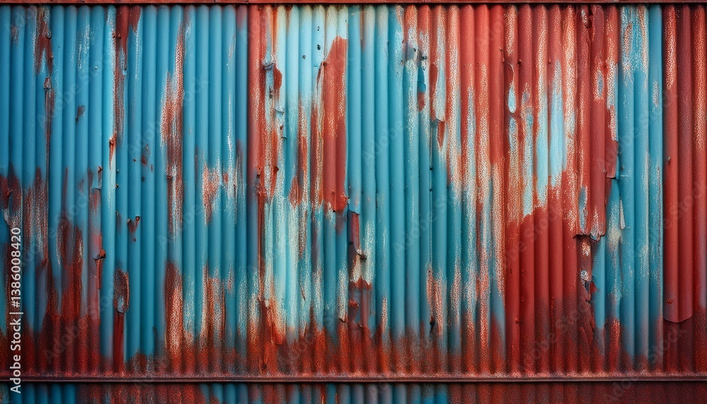Obraz premium rusty corrugated metal surface with blue and red tones showcasing weathered textures and peeling paint evoking sense of decay and industrial charm