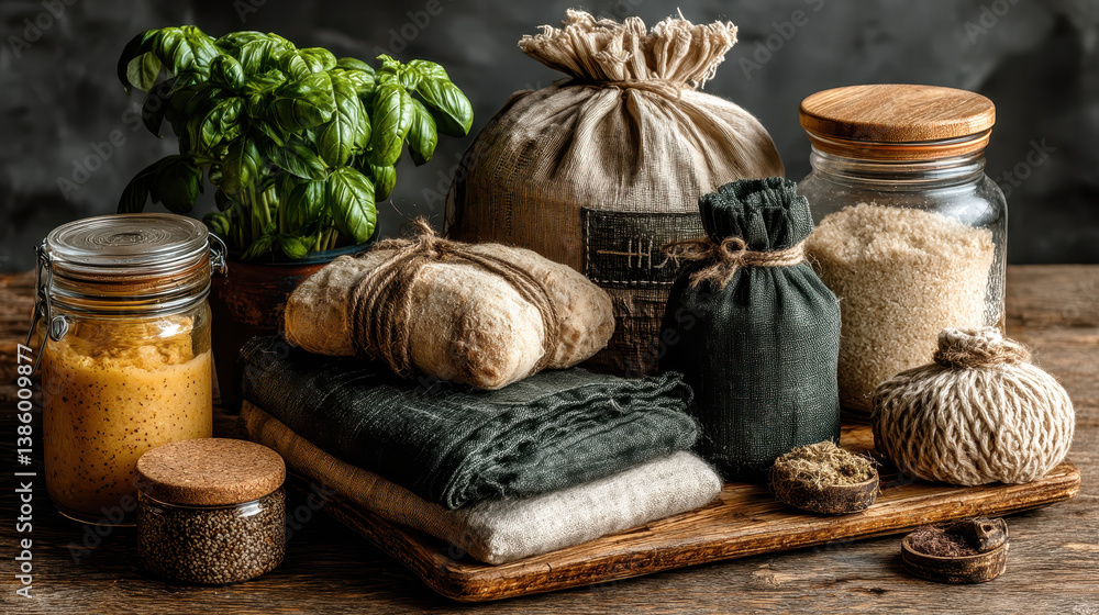 Showcasing a cozy zero-waste home interior with reusable jars and eco-friendly materials