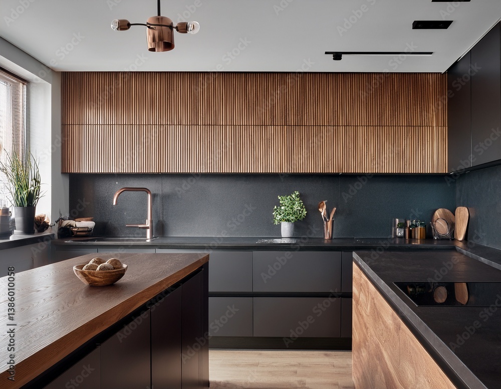 Fototapeta premium modern minimalist kitchen with dark wood cabinets and black countertops