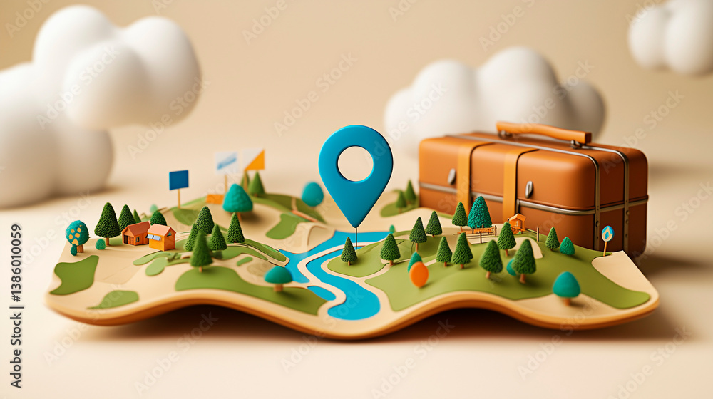 Obraz premium 3D illustration of a folded map with trees, houses and small landmarks on it, with a large blue location marker in the center surrounded by miniature flags and a brown travel suitcase in the backgroun