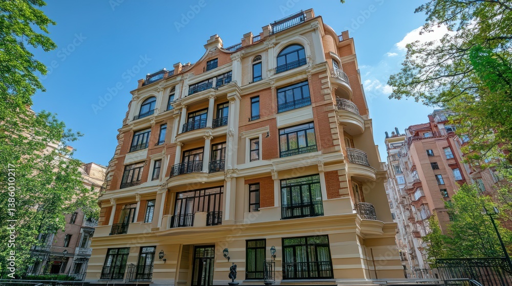 Fototapeta premium Elegant European-Style Apartment Building on a Sunny Day