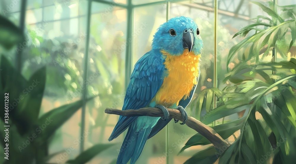 Obraz premium A cute blue parrot with yellow feathers, sitting on the branch of an indoor plant in its cage. The background
