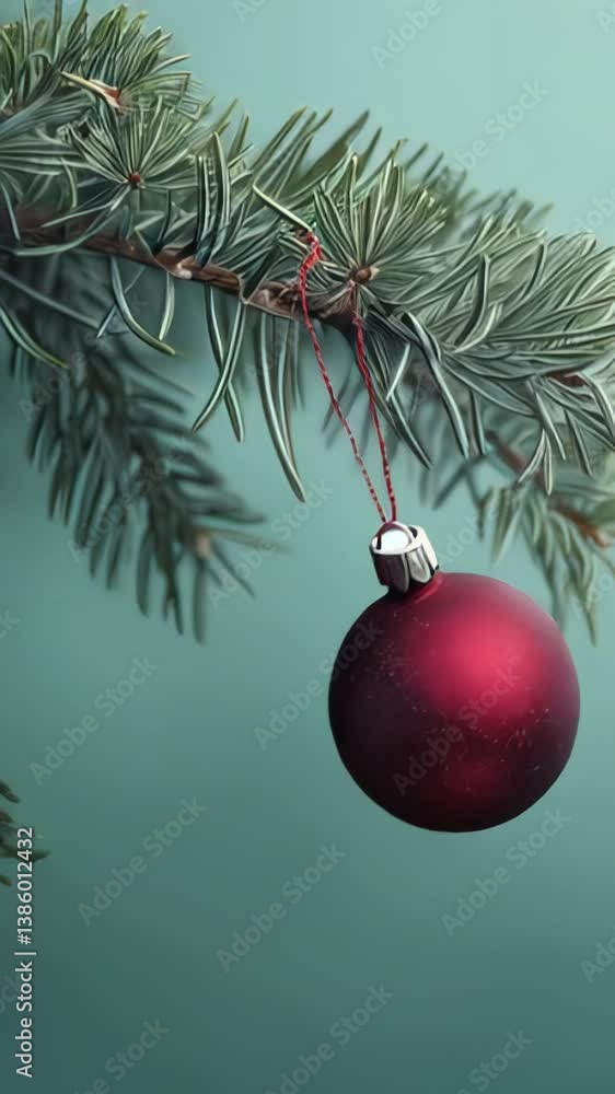 Christmas ornament dangling from pine branch, vibrant red sphere against soft teal backdrop, highlighting seasonal elegance Christmas ornament dangling from pine branch, vibrant red sphere against soft teal backdrop, highlighting seasonal elegance
