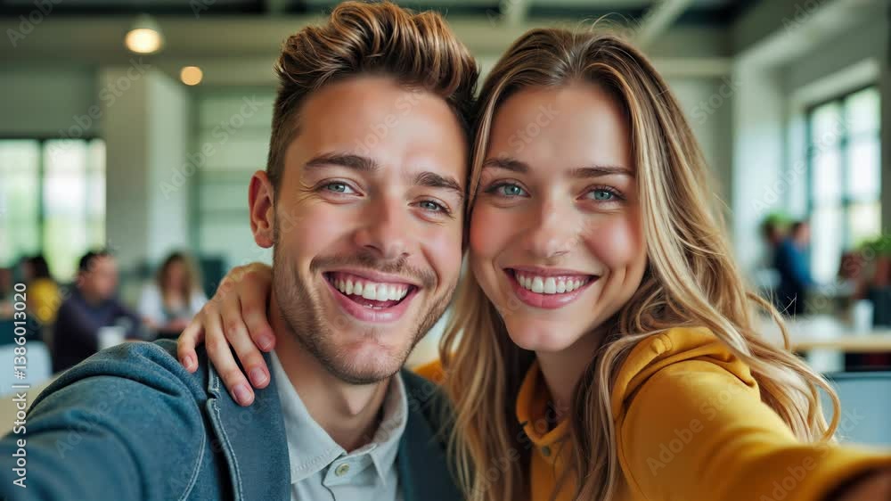 Young couple taking selfie with genuine smiles in bright indoor cafe. Attractive millennial pair with blue eyes and perfect teeth expressing happiness, joy and affection through intimate embrace Young couple taking selfie with genuine smiles in bright indoor cafe. Attractive millennial pair with blue eyes and perfect teeth expressing happiness, joy and affection through intimate embrace