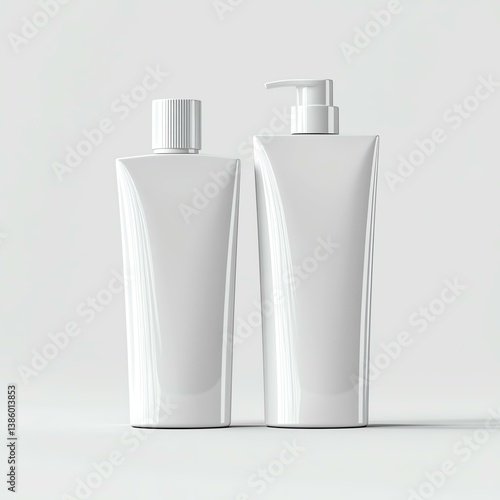 Elegant white cosmetic bottles on a minimalist background.