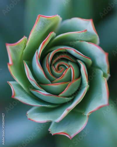 A mesmerizing macro photo of a spiraling plant structure, showcasing vibrant green and red hues with fractal-like symmetry—an organic design echoing nature’s mathematical beauty.