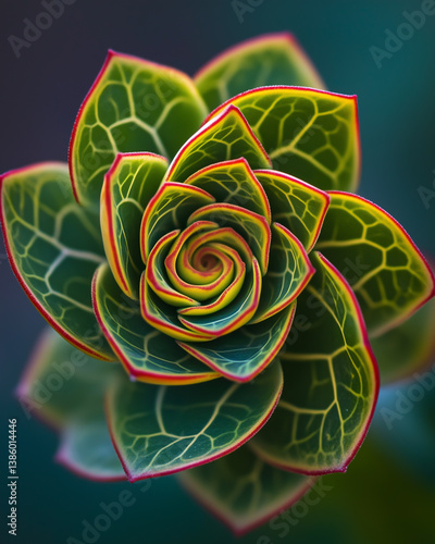 A mesmerizing macro photo of a spiraling plant structure, showcasing vibrant green and red hues with fractal-like symmetry—an organic design echoing nature’s mathematical beauty.
