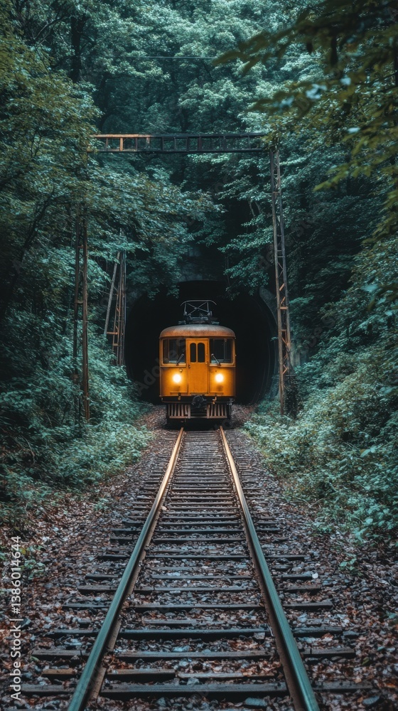 Fototapeta premium Nostalgic Yellow Tram Emerging from Dark Tunnel Amidst Lush Green Forest Captivating Rail Journey Adventure Scenic Viewpoint Atmospheric Mood Tranquil Scene