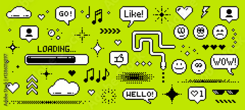 A pixel art style set of icons for social media. speech bubbles. Abstract elements. Vector graphics. old-school retro digital look. gaming y2k style. Smile, snake, likes, clouds, hearts, loading bar.