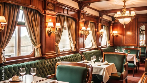 Elegant train dining car interior with wood paneling and green velvet seating arrangement inside the train