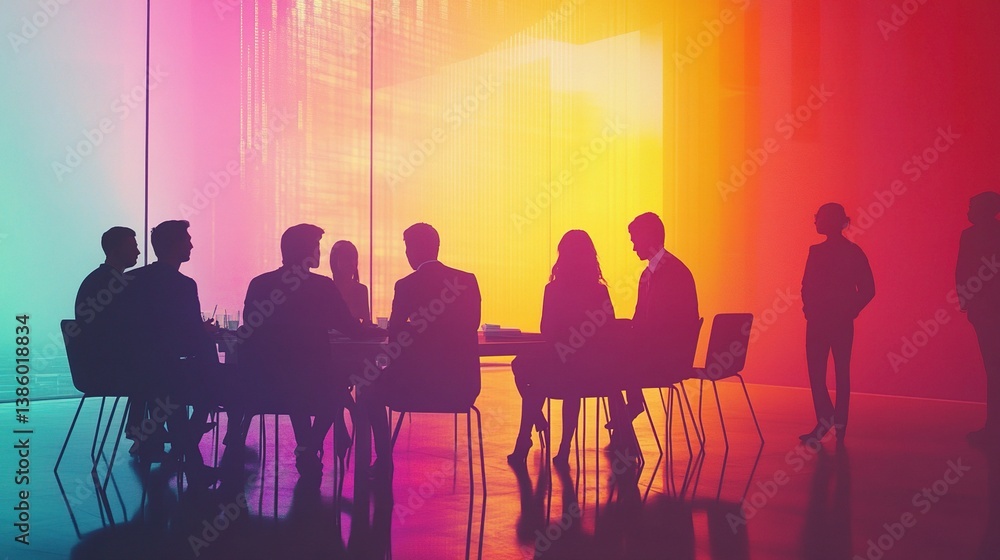 Professionals Engaged in a Startup Meeting with Colorful Background Professionals Engaged in a Startup Meeting with Colorful Background