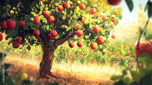 Vibrant Apple Orchard in Soft Light with Luscious Red Apples