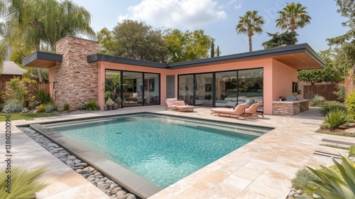 Wallpaper Mural Modern Oasis: Pink House with Pool and Landscaping Torontodigital.ca