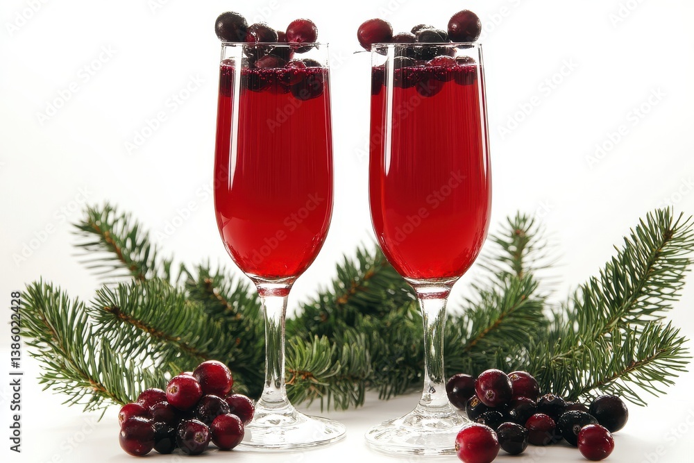 Two glasses of red liquid with berries and pine needles on a white background festive holiday scene Two glasses of red liquid with berries and pine needles on a white background festive holiday scene