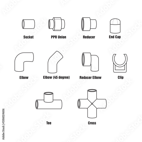 Essential vector set of PPR pipe fittings for plumbing and construction projects. Includes elbows, tees, reducers, and connectors. Ideal for professional design and technical diagrams.