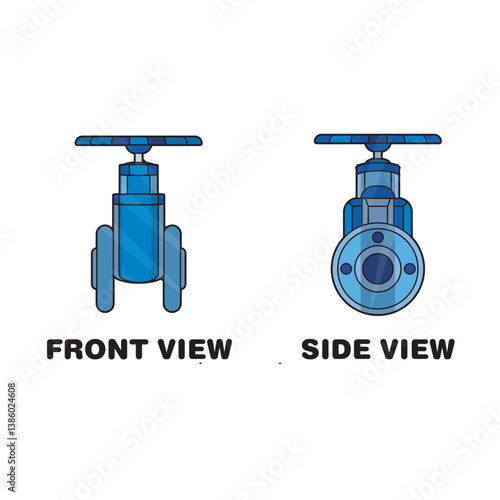 Detailed vector of industrial gate valve showing front and side views. Ideal for plumbing, mechanical, and engineering design projects. Perfect for technical drawings and instruction manuals.
