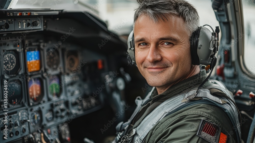 A pilot sitting in the cockpit of an airplane with instruments and controls visible, on a white background A pilot sitting in the cockpit of an airplane with instruments and controls visible, on a white background