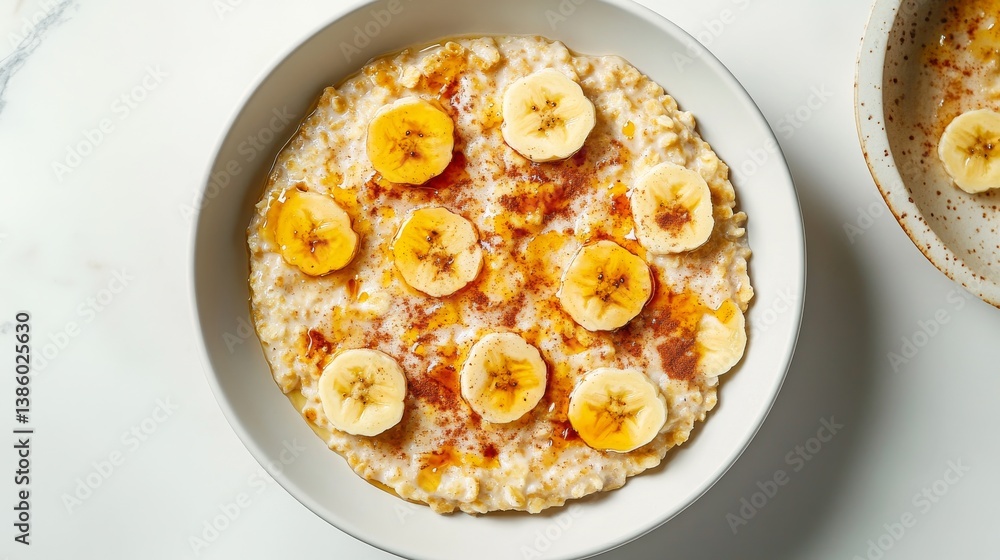 A bowl of creamy oatmeal with bananas, cinnamon, and honey. Featuring warmth and nourishment A bowl of creamy oatmeal with bananas, cinnamon, and honey. Featuring warmth and nourishment