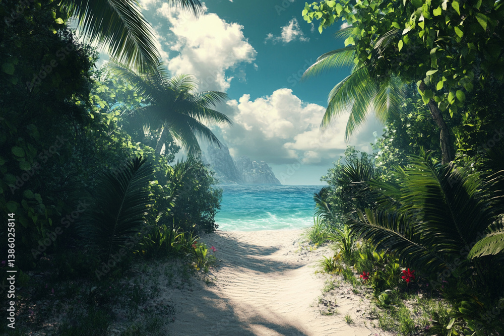 Walking Sandy Beach Path to Ocean Framed by Tropical Palm Trees Walking Sandy Beach Path to Ocean Framed by Tropical Palm Trees