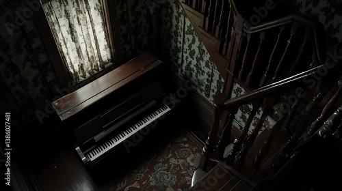 Obraz na płótnie An old upright piano sits near a stairwell with dark colors w salonie
