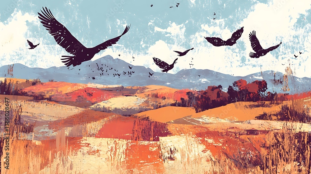 Birds soar over a landscape of fields and distant mountains