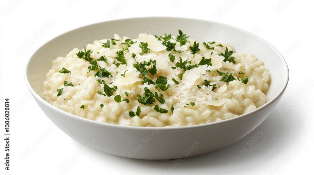 A bowl of creamy risotto with parmesan and fresh parsley. Featuring classic Italian dishes A bowl of creamy risotto with parmesan and fresh parsley. Featuring classic Italian dishes