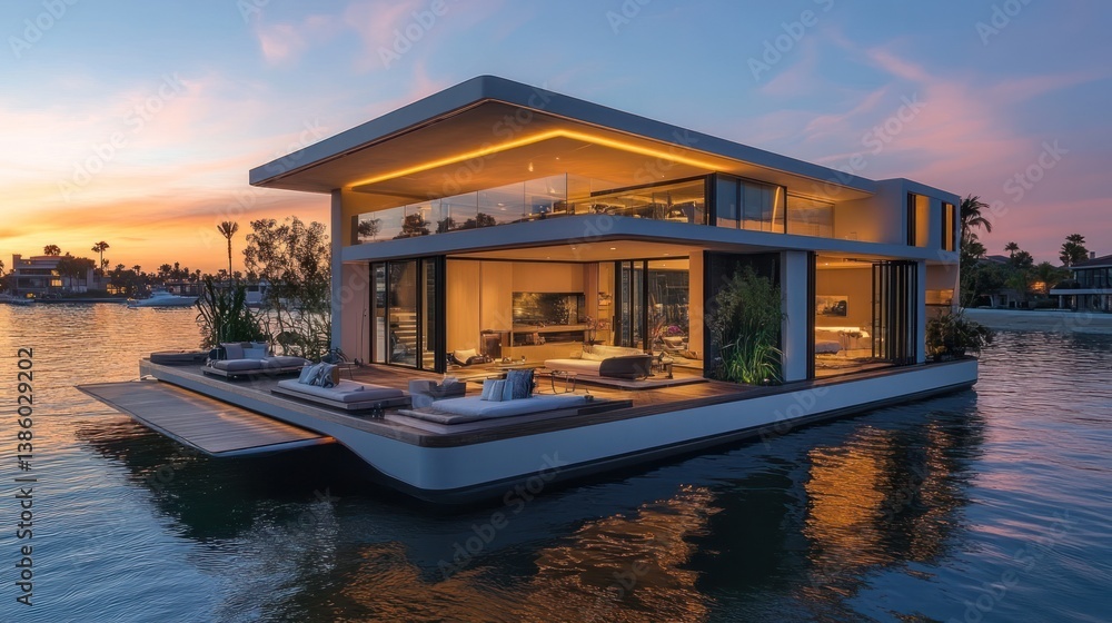 Luxury Floating Home at Sunset: Modern Architectural Marvel on Calm Waters Luxury Floating Home at Sunset: Modern Architectural Marvel on Calm Waters