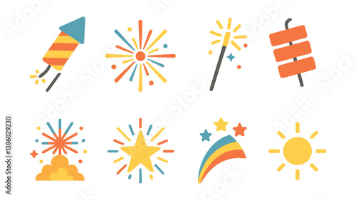 Vibrant celebration icons: flat style fireworks, stars, and more