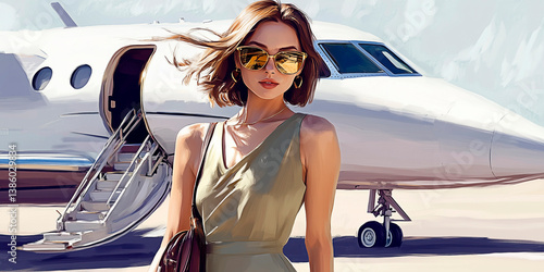A young woman in a champagne-colored dress fluttering in the wind. Accessories: retro sunglasses, a gold bracelet on the wrist, a leather shoulder bag. In the background is a snow-white private jet.