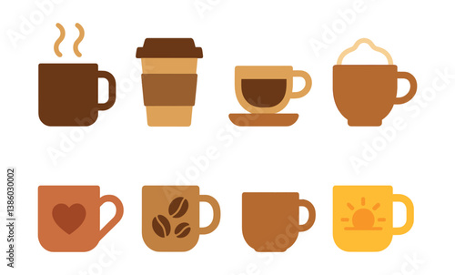 Coffee mug icons set: flat style collection of cups and mugs for cafés and beverage themes