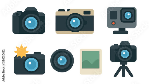 Photography icon set: flat style collection of camera and lens icons