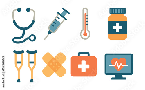 Comprehensive medical icons set for health and care in flat design