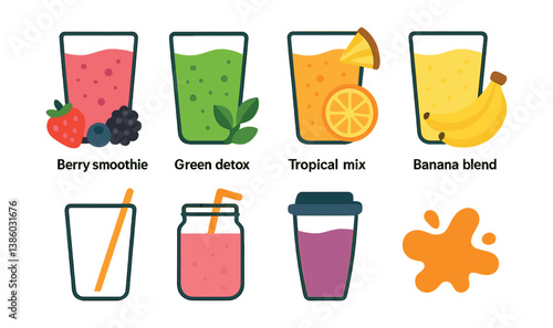Smoothie and juice icon set: colorful flat design for refreshing beverages