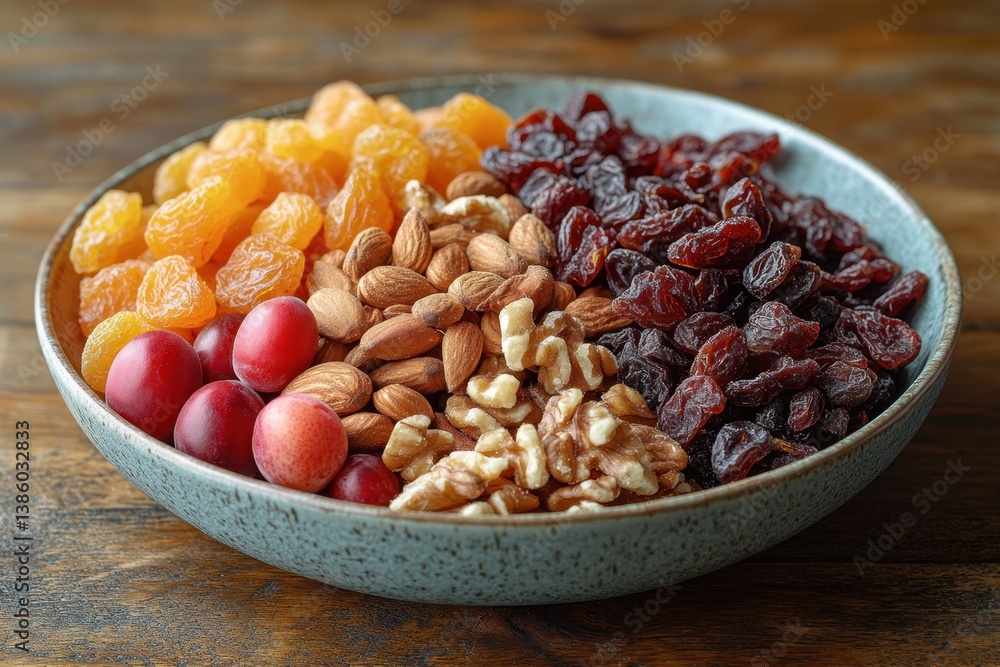 A rustic bowl filled with an assortment of delicious dried fruits and nuts on a wooden table. A rustic bowl filled with an assortment of delicious dried fruits and nuts on a wooden table.