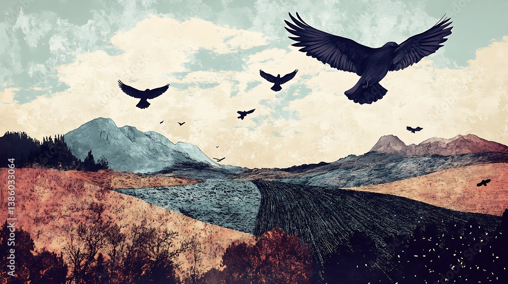 A painting depicts many birds flying above a mountainous landscape