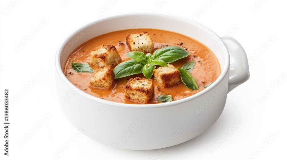 A bowl of creamy tomato soup with croutons and fresh basil. Featuring warmth and comfort A bowl of creamy tomato soup with croutons and fresh basil. Featuring warmth and comfort