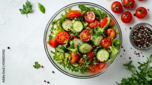 Wallpaper Mural A bird is eye view of a fresh salad with lettuce, tomatoes, cucumber, and dressing, placed in a transparent bowl, on a white background Torontodigital.ca